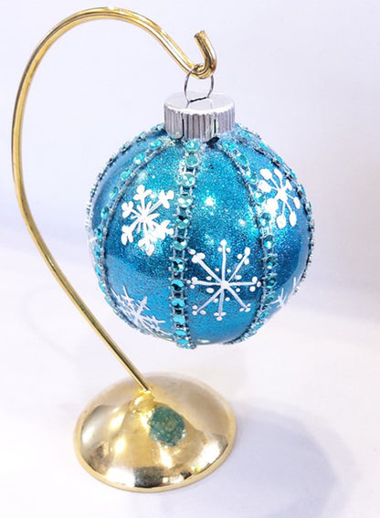 Metallic Blue with Trim and Snowflakes Glass Christmas Ornament