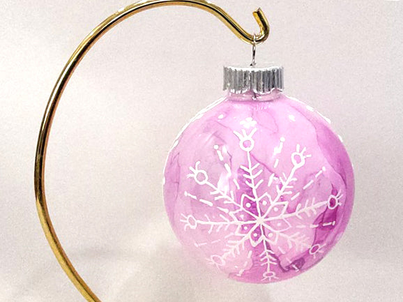 Fuchsia and White Drip with Snowflakes Glass Christmas Ornament