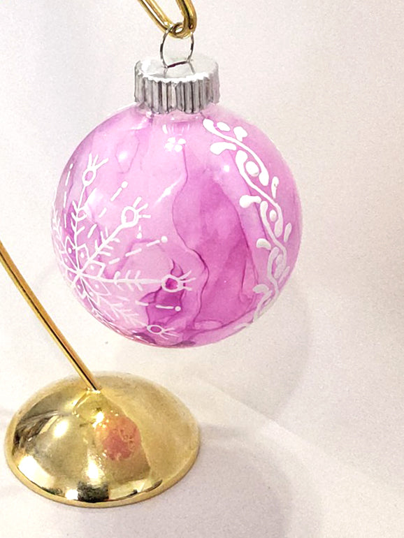 Fuchsia and White Drip with Snowflakes Glass Christmas Ornament