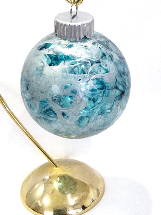 Aqua and Silver Marble Effect Glass Christmas Ornament