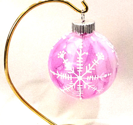 Fuchsia and White Drip with Snowflakes Glass Christmas Ornament