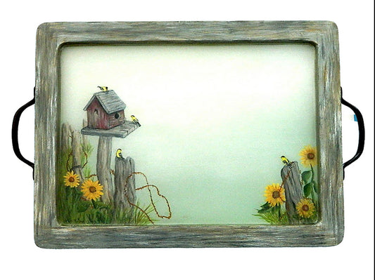 Rustic Birdhouse & Sunflowers Wood Serving Tray