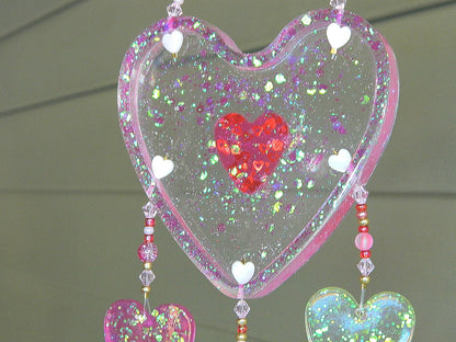 Resin Hearts Colorful Beads Suncatcher Mobile, Rainbow Hanging Decor, Heart Window Charm, Heart sun catcher, Lover gift