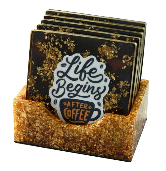 Square Coffee Colored with Gold Leaf Flakes Coaster Set