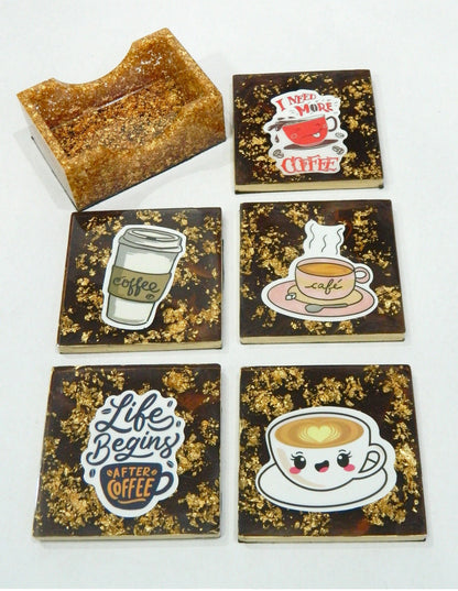 Square Coffee Colored with Gold Leaf Flakes Coaster Set