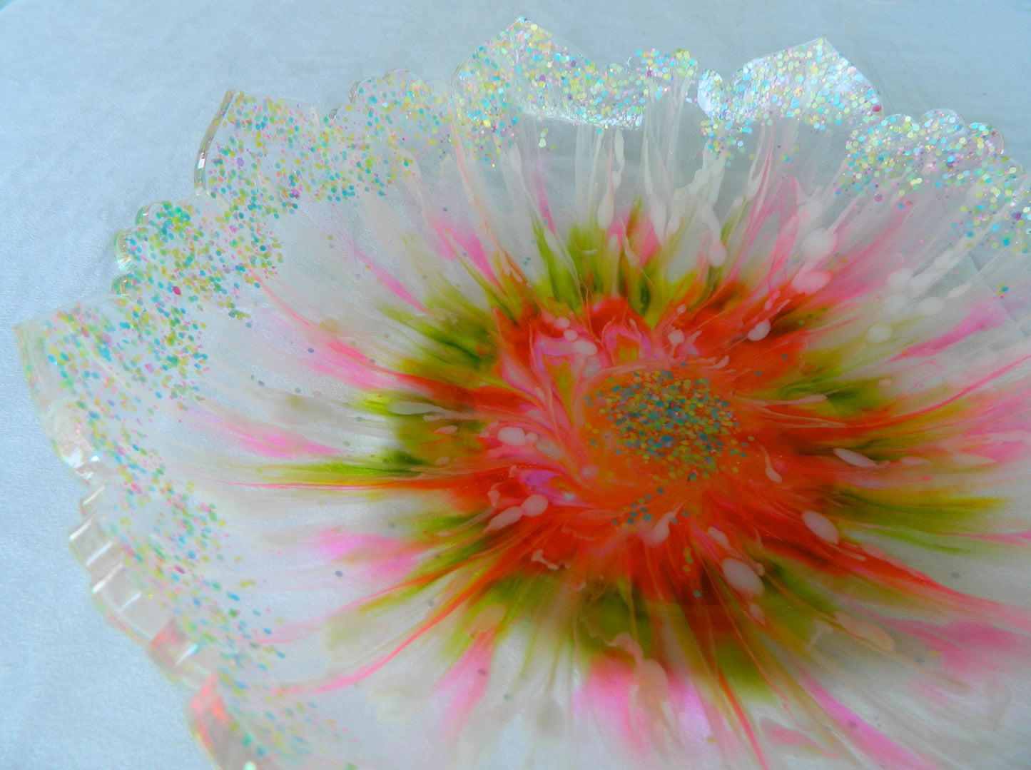 Fanciful Pink Green and White Resin Bowl with Bloom and Glitter , Unique Design, Artistic Bowl, Statement Piece,  Modern decor, Party Bowl