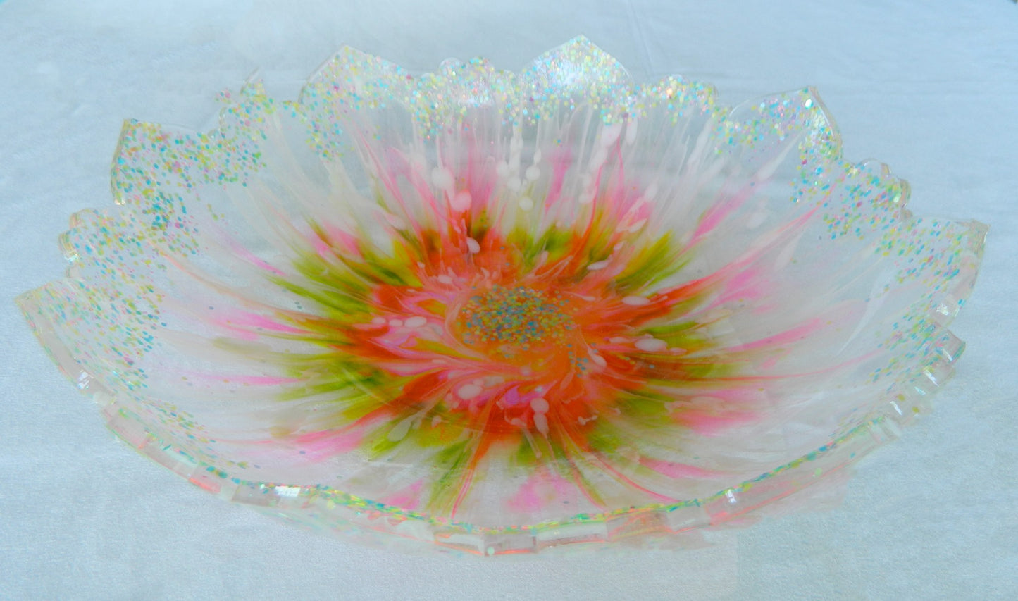 Fanciful Pink Green and White Resin Bowl with Bloom and Glitter , Unique Design, Artistic Bowl, Statement Piece,  Modern decor, Party Bowl