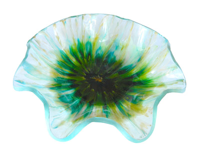 Vibrant Aqua Green Yellow Gold and White Resin Bloom Bowl, Serving Bowl, Statement Piece, Fruit Bowl,  Party Bowl, Entertaining Serve Ware