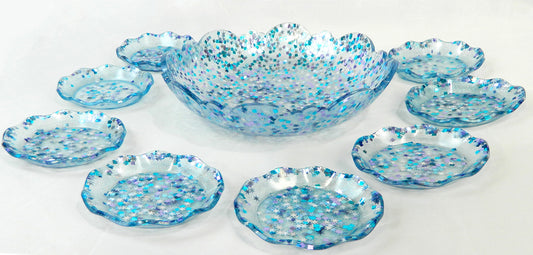 Stunning Blue and Silver Confetti Resin Bowl and Plate Set, Serving Bowl Set, Statement Piece, Party Service, Entertain Ware, Luncheon Set